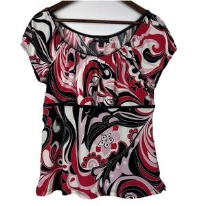 I.N. Studio Y2K Babydoll Top Womens Petite Large Pink Red Short‎ Sleeve Abstract